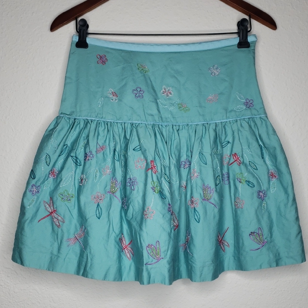 Vintage Talbots Cotton Embroidered Beaded Dragon Fly Floral Skirt Size 16 Y2K